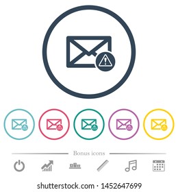 Mail warning flat color icons in round outlines. 6 bonus icons included.