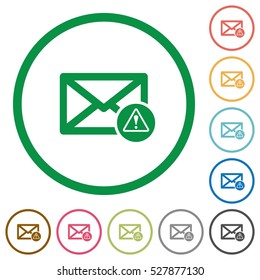 Mail warning flat color icons in round outlines