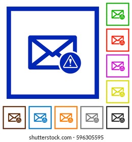 Mail warning flat color icons in square frames on white background