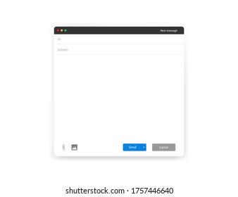 Mail Window Template. Mockup With Blank Message Form. White Frame Interface Of Email. Send And Cancel Buttons. Subject And To Fields With Attach Icon. Isolated Mail Form. Vector EPS 10.