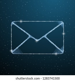 Mail wireframe mesh symbol. Digital email letter on dark blue sky with lines, dots and stars. Vector polygonal message web communication