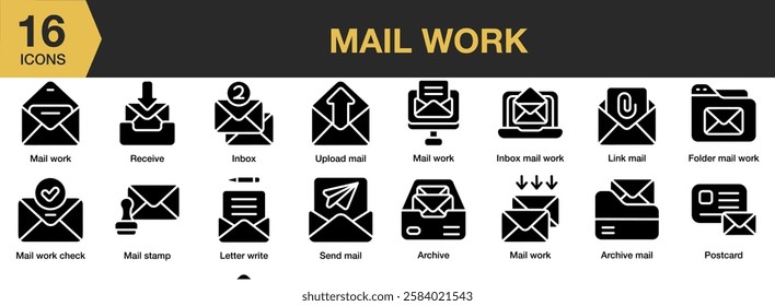 Mail Work solid icon set. Includes online, email, computer, mail, work, and More. Solid icons vector collection.