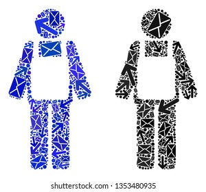 Mail worker person icon collage of envelopes and arrows with blue color. Abstract vector worker person illustration is constructed of mail traffic symbols. Flat design for mail routes posters.