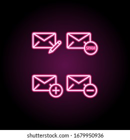 Mail, write, spam, plus, minus sign neon icon. Simple thin line, outline vector of web icons for ui and ux, website or mobile application