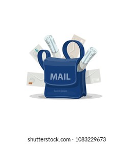 Mailbag Of Postman With Mail Cartoon Icon. Blue Bag Of Mailman With Letter Envelope, Newspaper, Magazine And Copy Space On Front Side For Postal Service And Post Delivery Design