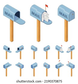 Mailbox. 3D isometry, isolate. An image of a mailbox with the inscription mail. A large set of vector images in different angles. Illustration in cartoon style. A metal box with letters and a flag.