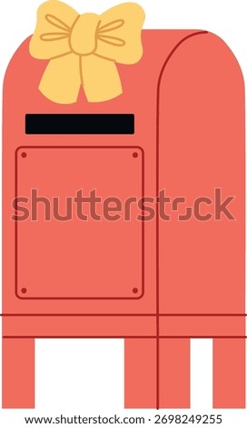 A mailbox adorned with a large bow in a clean vector style. The illustration depicts a postal box featuring a prominent ribbon accent. Cartoon vector illustration.