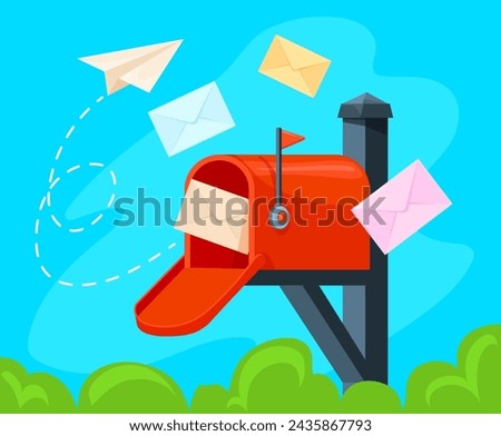 Mailbox banner. Cartoon cute postbox letters or postcards, postal newsletter service subscribe, business email message send from post box, letterbox vector illustration of banner with mailbox cartoon