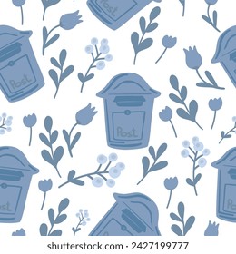 Buzón azul diseño plano flores campana sin patrón