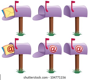 Mailbox: Cartoon illustration of mailbox in 6 versions. 3 of them are conceptual illustrations for e-mail. No transparency used. Basic (linear) gradients.