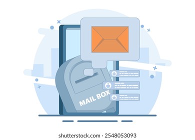  Concepto de buzón con nuevo icono de notificación de mensajes, marketing por correo electrónico plano, estrategia de negocios en línea, publicidad, boletín de correo electrónico, envío de mensajes, materiales de marketing. Ilustración vectorial plana.