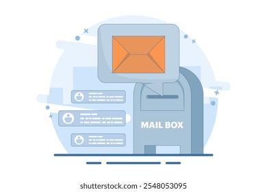  Conceito de caixa de correio com novo ícone de notificação de mensagem, plano de marketing por e-mail, estratégia de negócios on-line, Publicidade, newsletter por e-mail, envio de mensagens, material de marketing. Ilustração de vetor plano.