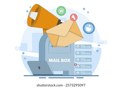 Mailbox Concept with new message notification icon, email marketing, Online business strategy, Advertising, Email newsletter, sending messages, marketing materials. Flat vector illustration.