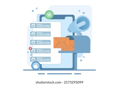 Mailbox Concept with new message notification icon, email marketing, Online business strategy, Advertising, Email newsletter, sending messages, marketing materials. Flat vector illustration.