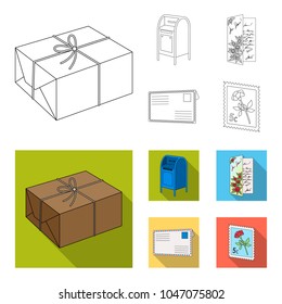 Mailbox, congratulatory card, postage stamp, envelope.Mail and postman set collection icons in outline,flat style vector symbol stock illustration web.