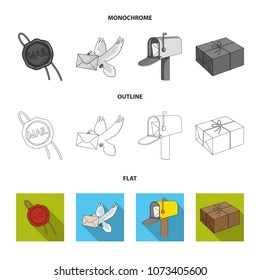 Mailbox, congratulatory card, postage stamp, envelope.Mail and postman set collection icons in flat,outline,monochrome style vector symbol stock illustration web.