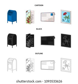 Mailbox, congratulatory card, postage stamp, envelope.Mail and postman set collection icons in cartoon,black,outline style vector symbol stock illustration web.