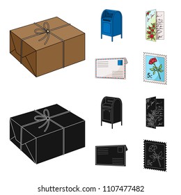 Mailbox, congratulatory card, postage stamp, envelope.Mail and postman set collection icons in cartoon,black style vector symbol stock illustration web.