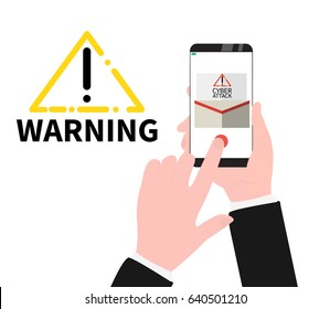 Mailbox cyber attack. Cyber attack warning message on the smartphone screen. Hands holding telephone