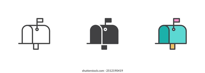 Mailbox different style icon set. Line, glyph and filled outline colorful version, outline and filled vector sign. Mail box symbol, logo illustration. Vector graphics