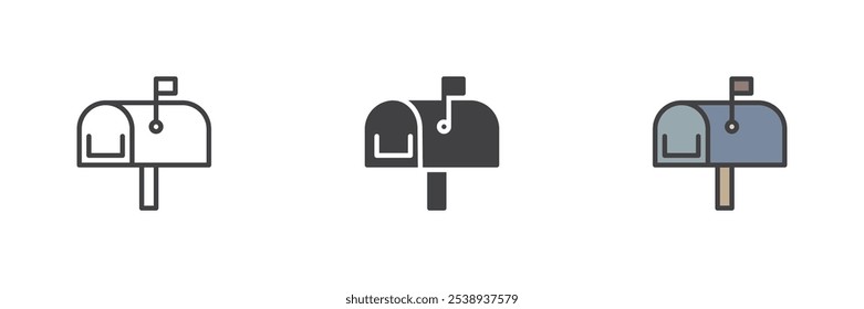 Mailbox different style icon set. Line, glyph and filled outline colorful version, outline and filled vector sign. Mail box symbol, logo illustration. Vector graphics