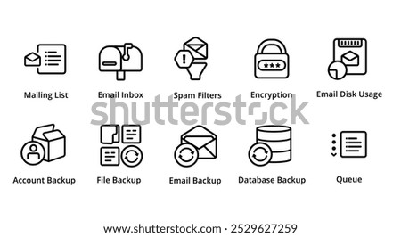 mailbox email filter spam file backup disk usage icon collection set vector graphic illustration web hosting server management tools