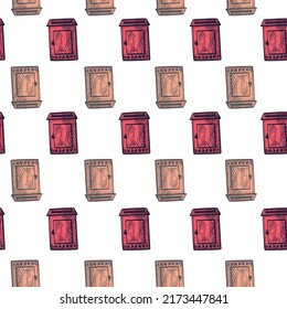 Mailbox engraved seamless pattern. Vintage letterbox in hand drawn style. Sketch texture for fabric, wallpaper, textile, print, title, wrapping paper. Vector illustration.