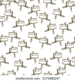 Mailbox engraved seamless pattern. Vintage letterbox in hand drawn style. Sketch texture for fabric, wallpaper, textile, print, title, wrapping paper. Vector illustration.