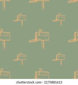 Mailbox engraved seamless pattern. Vintage letterbox in hand drawn style. Sketch texture for fabric, wallpaper, textile, print, title, wrapping paper. Vector illustration.