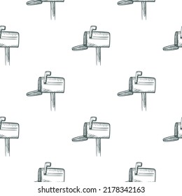 Patrón sin fisuras grabado en el buzón de correo. Buzón de texto vintage con estilo dibujado a mano. Esbozar textura para tela, papel pintado, textil, impresión, título, papel envolvente. Ilustración vectorial.