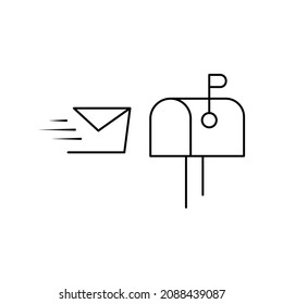 Buzón con el icono de contorno negro sobre el sobre aislado en blanco. Concepto de publicación. Símbolo moderno de oficina de correos aislado y plano, firme: ilustración, logo, móvil, app, design, web, dev, ui, gui. EPS vectorial 10