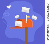 Mailbox with envelope and paper aeroplane. web post icon.mails. 