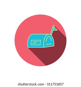 Mailbox with flag icon. Post email box sign. Red flat circle button. Linear icon with shadow. Vector