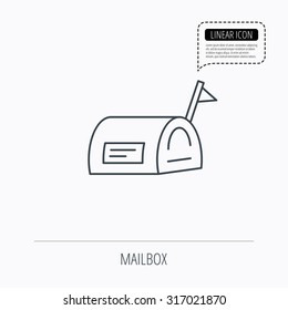 Mailbox with flag icon. Post email box sign. Linear outline icon. Speech bubble of dotted line. Vector