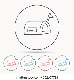 Mailbox with flag icon. Post email box sign. Linear circle icons.