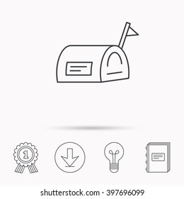 Mailbox with flag icon. Post email box sign. Download arrow, lamp, learn book and award medal icons.