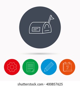 Mailbox with flag icon. Post email box sign. Calendar, cogwheel, document file and pencil icons.