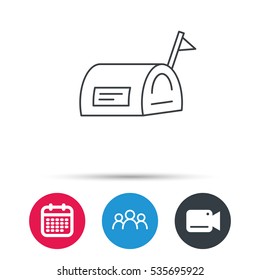 Mailbox with flag icon. Post email box sign. Group of people, video cam and calendar icons. Vector