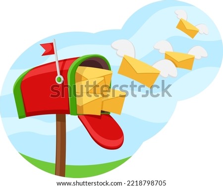 Mailbox and flying envelopes of letters against the sky. Mail