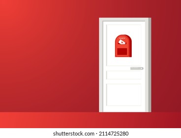 Mailbox In Front On White Door. Love Letter. White Card With Red Paper Envelope Mockup Vector. Free Space For Text. Valentine's Card Vector. Red Mailbox Vector. 