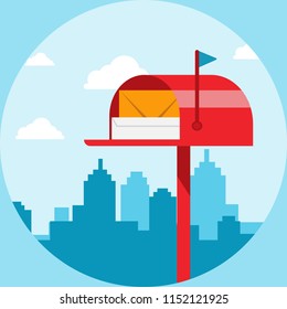 Mailbox full of envelopes illustration in flat design.City postal service concept with opened postbox. Red letterbox with correspondence.