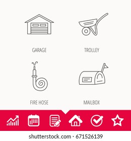 Mailbox, garage and fire hose icons. Trolley linear sign. Edit document, Calendar and Graph chart signs. Star, Check and House web icons. Vector