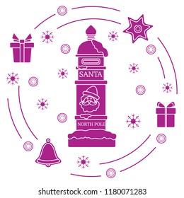 Santa’s mailbox, gifts, bell, gingerbread, star, snowflakes. New Year and Christmas symbols. Mail wish list.