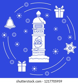 Santa’s mailbox, gifts, bell, gingerbread, star, snowflakes. New Year and Christmas symbols. Mail wish list.