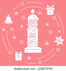 Santa’s mailbox, gifts, bell, gingerbread, star, snowflakes. New Year and Christmas symbols. Mail wish list.