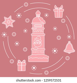 Santa’s mailbox, gifts, bell, gingerbread, star, snowflakes. New Year and Christmas symbols. Mail wish list.