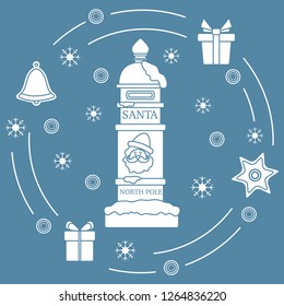 Santa’s mailbox, gifts, bell, gingerbread, star, snowflakes. New Year and Christmas symbols. Mail wish list.