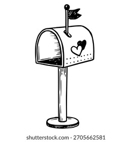 Mailbox with hearts vector illustration in doodle sketch style hand drawn line art in black and white. Cute symbol for valentines day design. Great for romantic card. Ideal for celebration message.