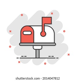 Mailbox icon in comic style. Postbox cartoon vector illustration on white isolated background. Email envelope splash effect business concept.