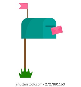 Mailbox icon illustration. Green post container. Pink letter Vector. Grass garden detail. EPS 10.